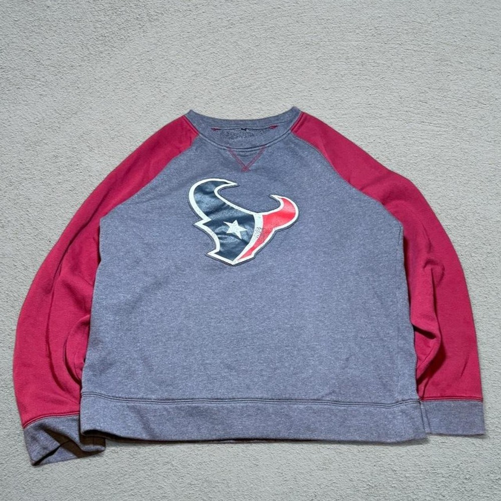 NFL Houston Texans Gray Burgundy Crewneck Sweatshirt Mens Size L Logo Raglan